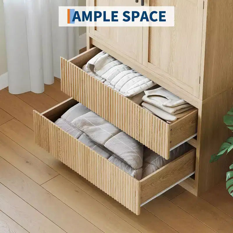 Bedroom Wooden Armoire Wardrobe Closet, Wardrobe Armoire Cabinet with 2 Drawers, Freestanding Armoire with Shelves & Hanging Rod