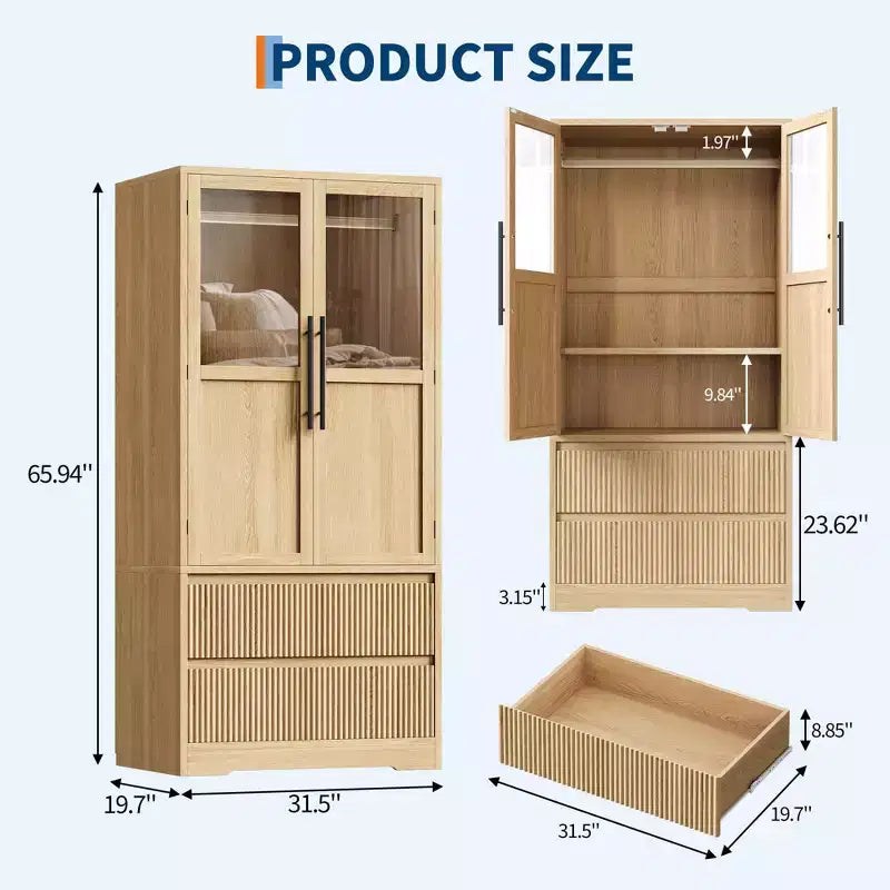Bedroom Wooden Armoire Wardrobe Closet, Wardrobe Armoire Cabinet with 2 Drawers, Freestanding Armoire with Shelves & Hanging Rod