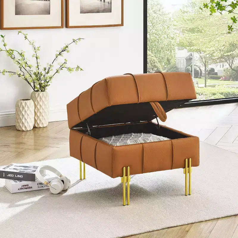 TUYOHW 22 Inches Anti-scratch Leather Storage Ottoman, Pet Friendly Entryway Bench with Golden Stainless Steel Legs, Orange