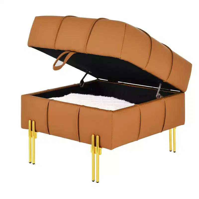 TUYOHW 22 Inches Anti-scratch Leather Storage Ottoman, Pet Friendly Entryway Bench with Golden Stainless Steel Legs, Orange