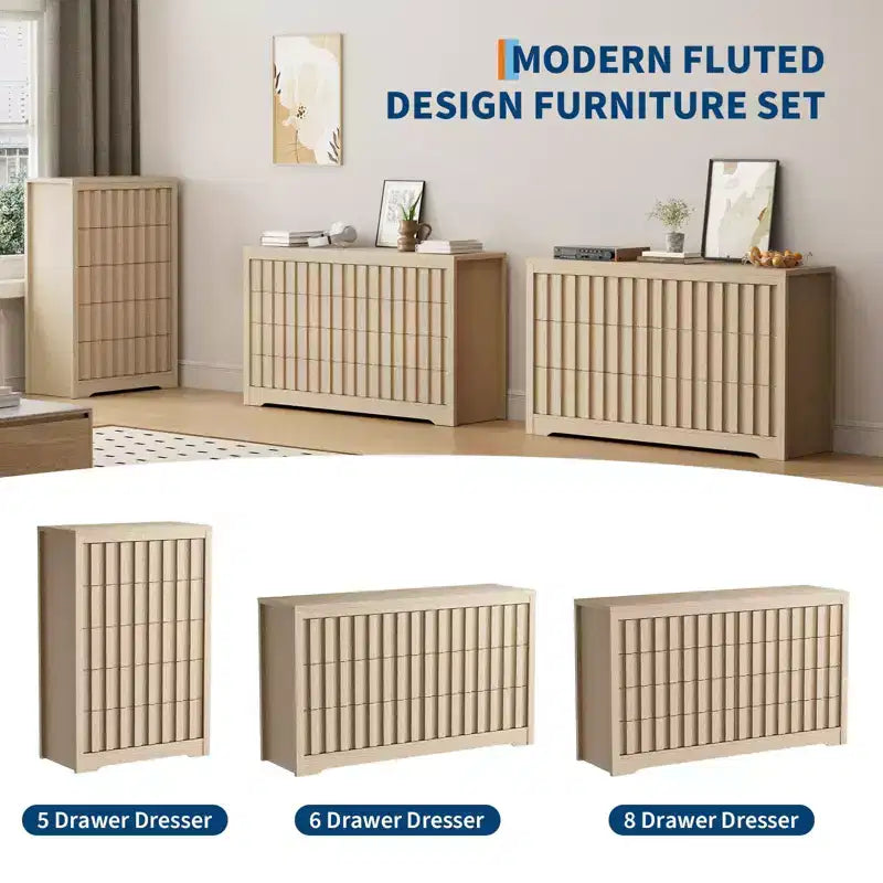 GustoWave Fluted Dresser for Bedroom with 8 Drawers,Chest of Drawers,Wooden Dresser TV Stand, Wood Clothes Closet Organizer with Deep Storage