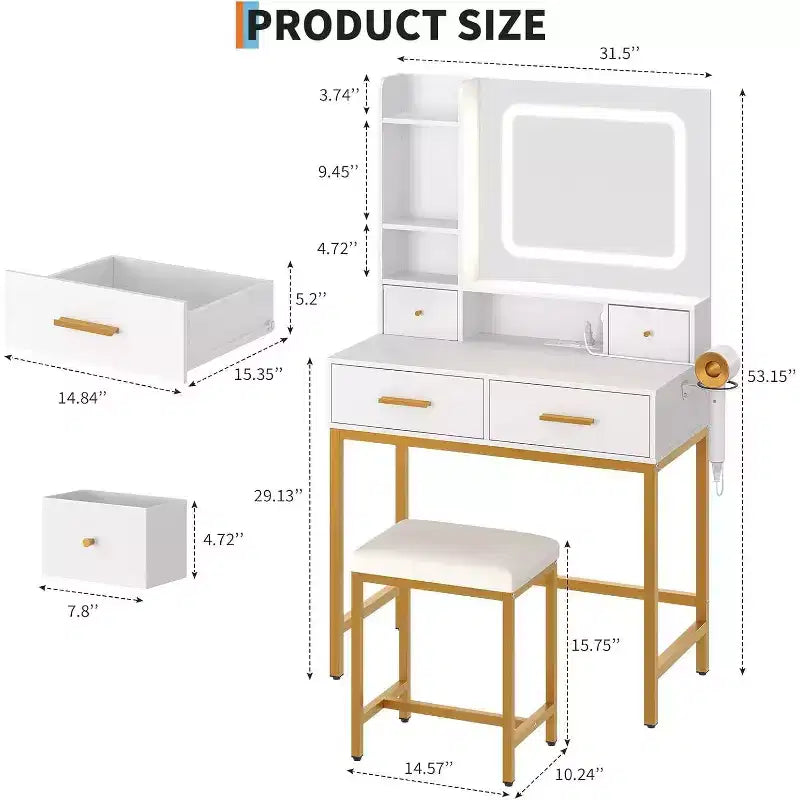 Makeup Vanity Desk with Mirror and Lights 3 Colors, Dressing Table with Chair, Makeup Table Set with 4 Drawers, Power Outlet & Storage Shelves