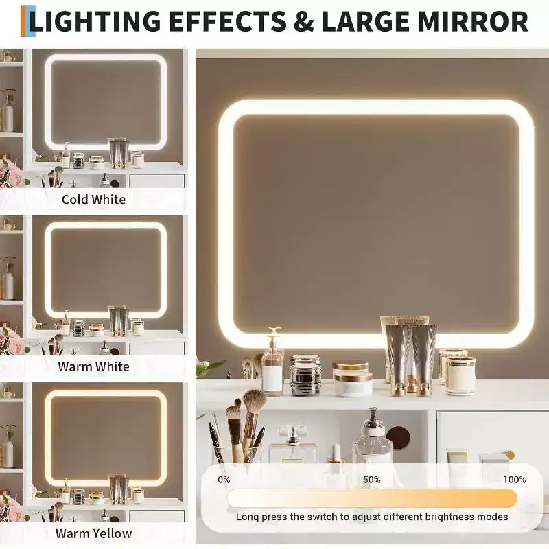 Makeup Vanity Desk with Mirror and Lights 3 Colors, Dressing Table with Chair, Makeup Table Set with 4 Drawers, Power Outlet & Storage Shelves