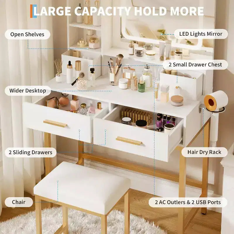 Makeup Vanity Desk with Mirror and Lights 3 Colors, Dressing Table with Chair, Makeup Table Set with 4 Drawers, Power Outlet & Storage Shelves