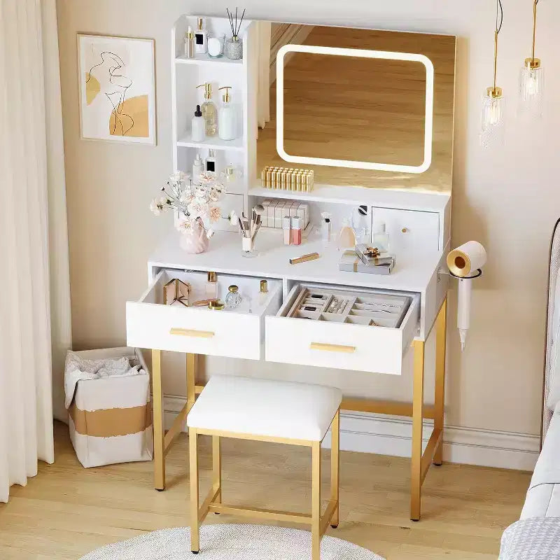 Makeup Vanity Desk with Mirror and Lights 3 Colors, Dressing Table with Chair, Makeup Table Set with 4 Drawers, Power Outlet & Storage Shelves