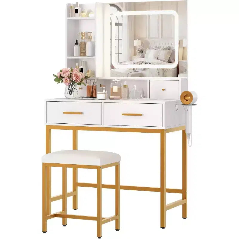 Makeup Vanity Desk with Mirror and Lights 3 Colors, Dressing Table with Chair, Makeup Table Set with 4 Drawers, Power Outlet & Storage Shelves