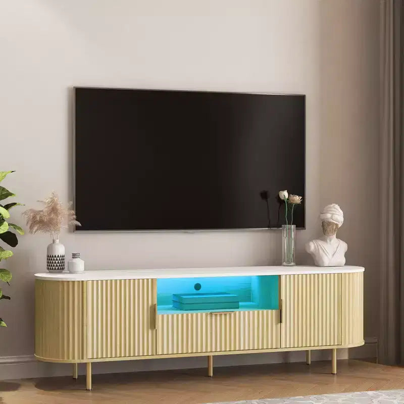 GDFStudio Caden 68.5'' Farmhouse TV Console with 16 Color LEDs, 1 Drawer and 2 Storage Compartments