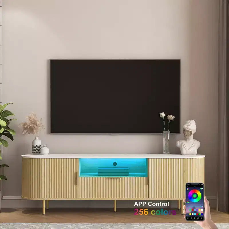GDFStudio Caden 68.5'' Farmhouse TV Console with 16 Color LEDs, 1 Drawer and 2 Storage Compartments