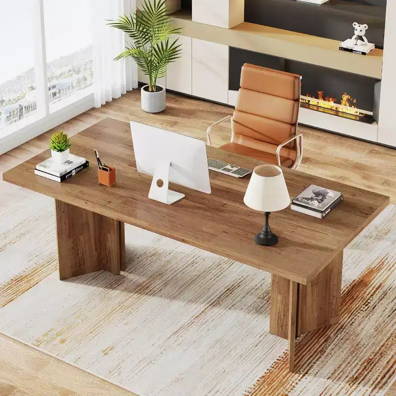 Okak Vintage Wood Large Executive Desk Rectangle Dining Table,Long Modern Kitchen Dinner Table for Dining Room,Breakfast Nook