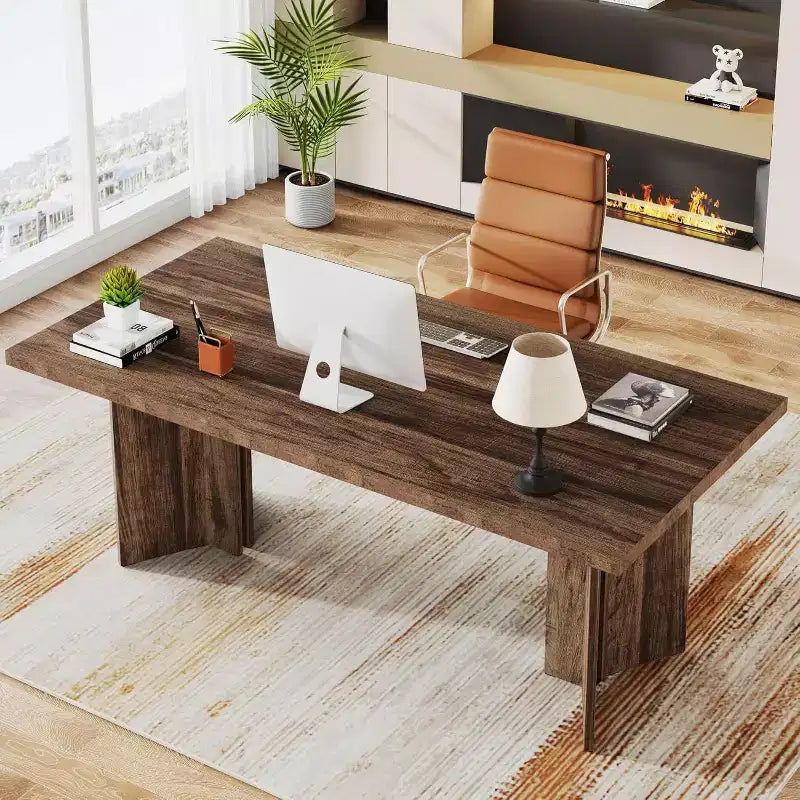 Okak Vintage Wood Large Executive Desk Rectangle Dining Table,Long Modern Kitchen Dinner Table for Dining Room,Breakfast Nook