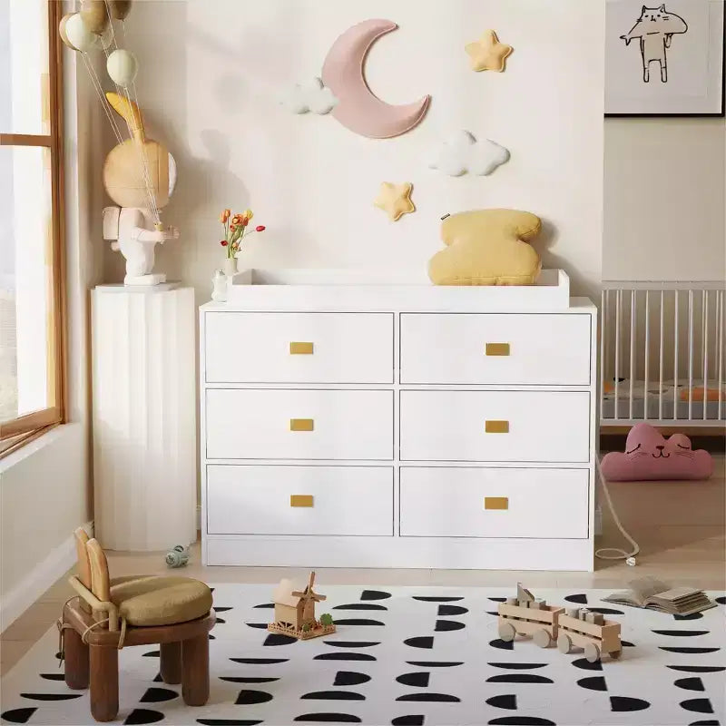 GustoWave Nursery Dresser with Changing Table Top,6-Drawer Baby Dresser with Anti-Tip Kit, Waterproof Top