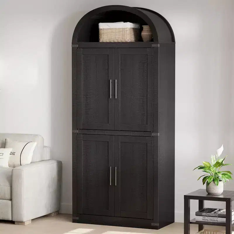 71 Tall Arched Kitchen Pantry Cabinet, Freestanding Cupboard Storage Cabinet, 5 Tier Wood Display Cabinet, Versatile Bookcase, Black Glass Door