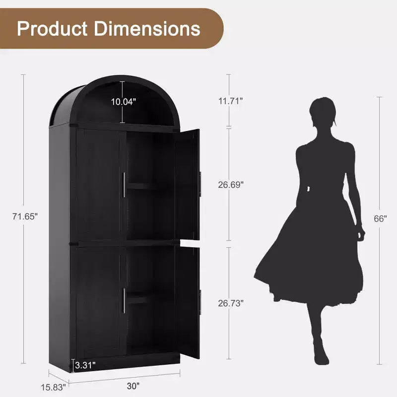 71 Tall Arched Kitchen Pantry Cabinet, Freestanding Cupboard Storage Cabinet, 5 Tier Wood Display Cabinet, Versatile Bookcase, Black Glass Door
