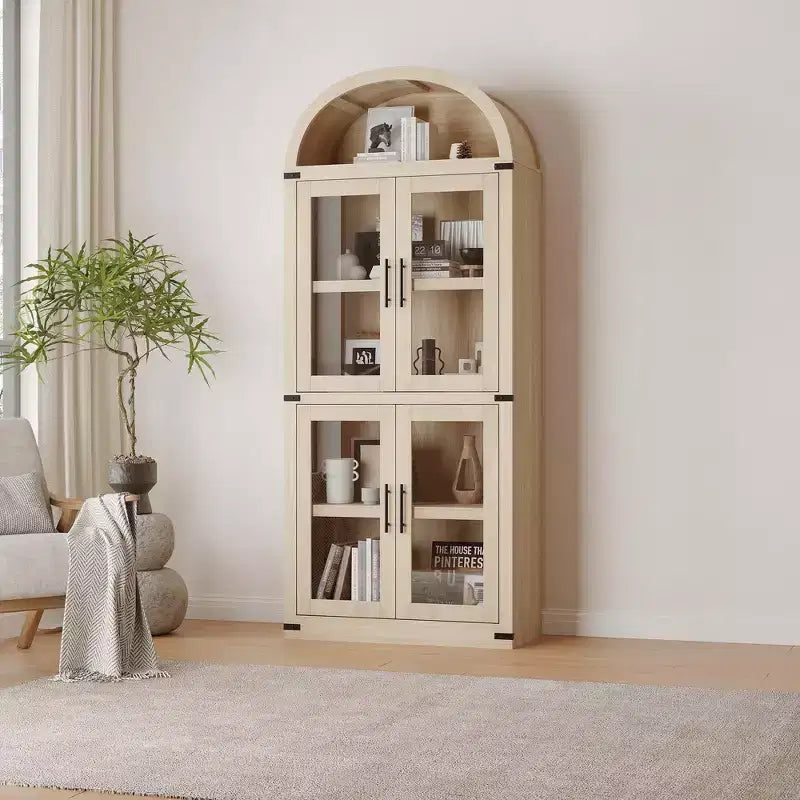 71 Tall Arched Kitchen Pantry Cabinet, Freestanding Cupboard Storage Cabinet, 5 Tier Wood Display Cabinet, Versatile Bookcase, Black Glass Door