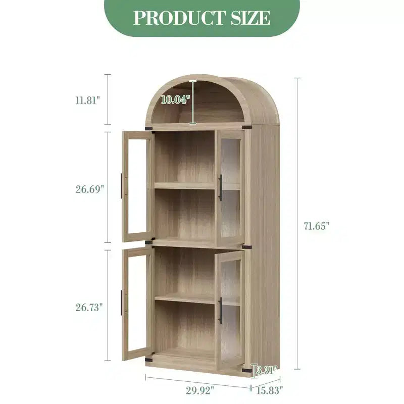 71 Tall Arched Kitchen Pantry Cabinet, Freestanding Cupboard Storage Cabinet, 5 Tier Wood Display Cabinet, Versatile Bookcase, Black Glass Door
