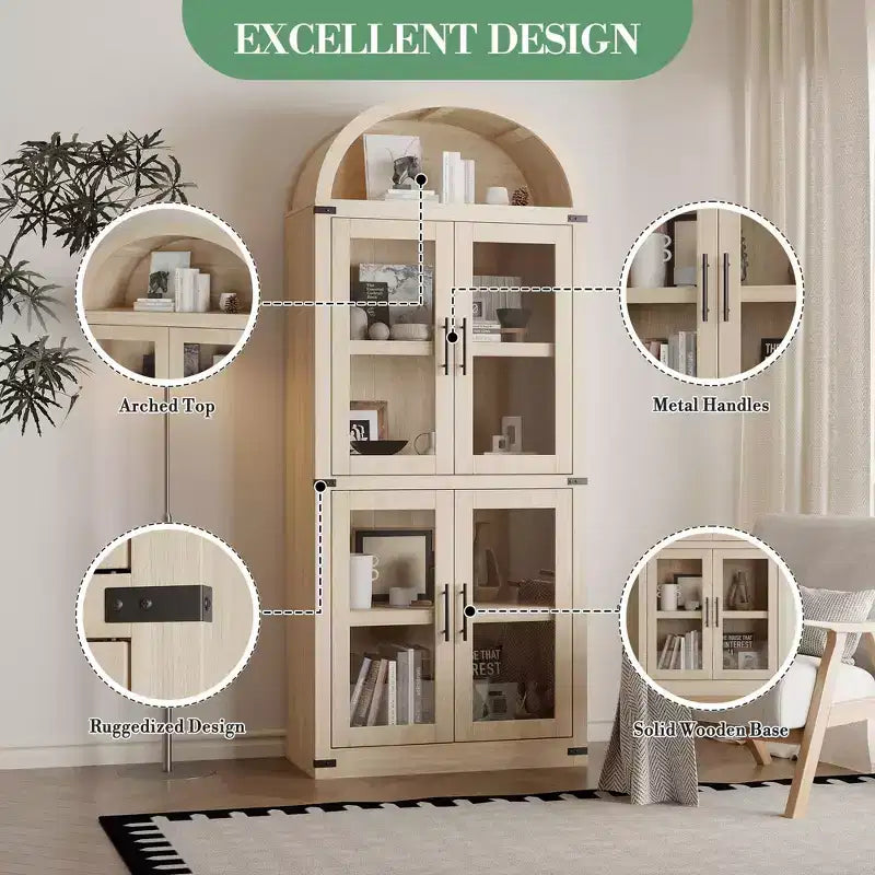 71 Tall Arched Kitchen Pantry Cabinet, Freestanding Cupboard Storage Cabinet, 5 Tier Wood Display Cabinet, Versatile Bookcase, Black Glass Door