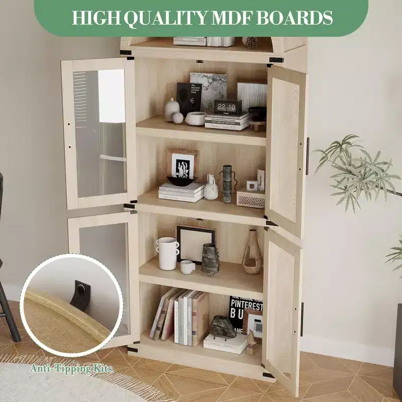 71 Tall Arched Kitchen Pantry Cabinet, Freestanding Cupboard Storage Cabinet, 5 Tier Wood Display Cabinet, Versatile Bookcase, Black Glass Door
