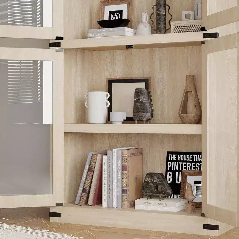 71 Tall Arched Kitchen Pantry Cabinet, Freestanding Cupboard Storage Cabinet, 5 Tier Wood Display Cabinet, Versatile Bookcase, Black Glass Door