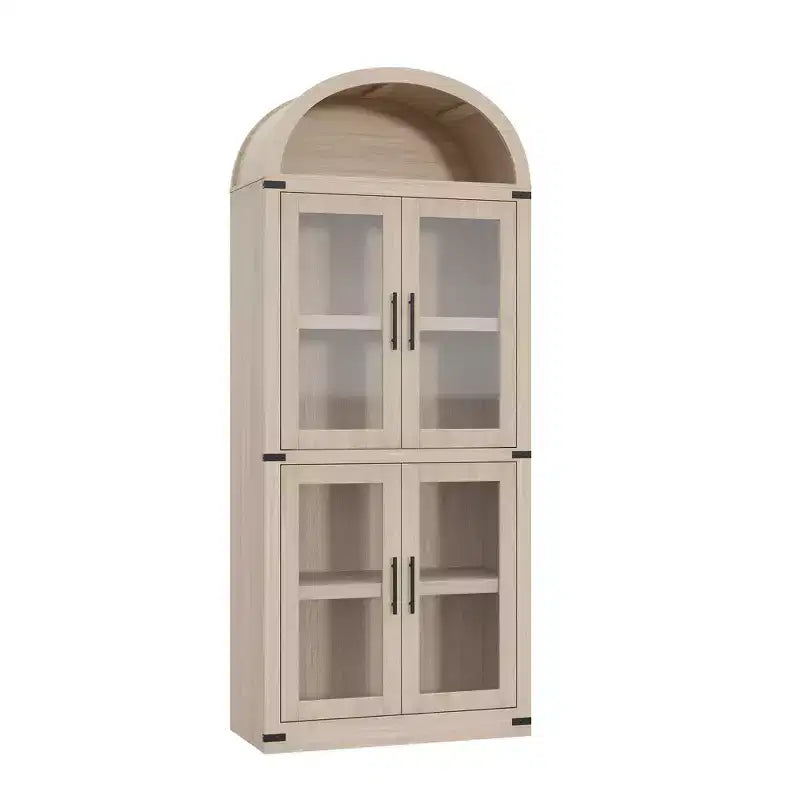 71 Tall Arched Kitchen Pantry Cabinet, Freestanding Cupboard Storage Cabinet, 5 Tier Wood Display Cabinet, Versatile Bookcase, Black Glass Door