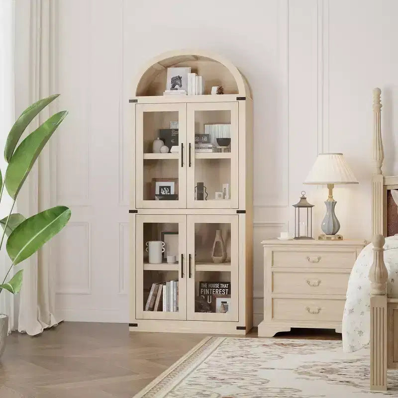 71 Tall Arched Kitchen Pantry Cabinet, Freestanding Cupboard Storage Cabinet, 5 Tier Wood Display Cabinet, Versatile Bookcase, Black Glass Door