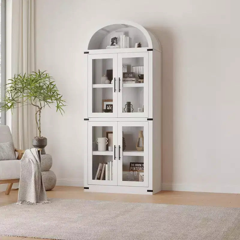 71 Tall Arched Kitchen Pantry Cabinet, Freestanding Cupboard Storage Cabinet, 5 Tier Wood Display Cabinet, Versatile Bookcase, Black Glass Door