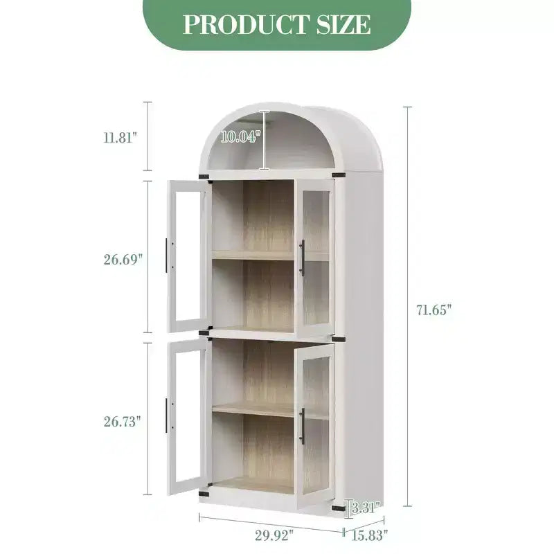 71 Tall Arched Kitchen Pantry Cabinet, Freestanding Cupboard Storage Cabinet, 5 Tier Wood Display Cabinet, Versatile Bookcase, Black Glass Door