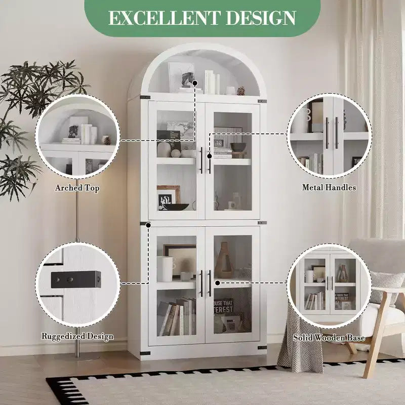 71 Tall Arched Kitchen Pantry Cabinet, Freestanding Cupboard Storage Cabinet, 5 Tier Wood Display Cabinet, Versatile Bookcase, Black Glass Door