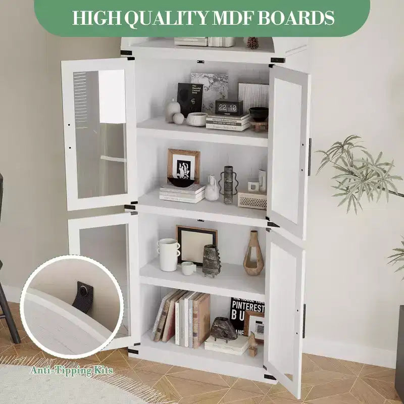 71 Tall Arched Kitchen Pantry Cabinet, Freestanding Cupboard Storage Cabinet, 5 Tier Wood Display Cabinet, Versatile Bookcase, Black Glass Door