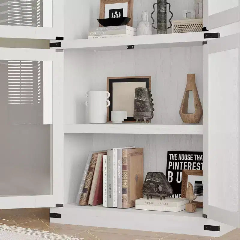 71 Tall Arched Kitchen Pantry Cabinet, Freestanding Cupboard Storage Cabinet, 5 Tier Wood Display Cabinet, Versatile Bookcase, Black Glass Door