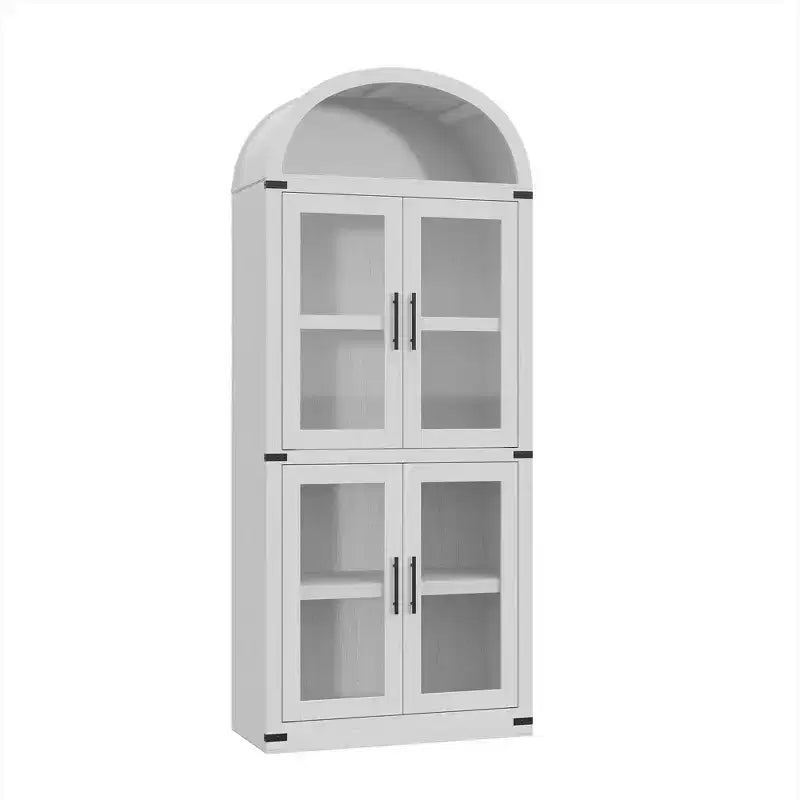 71 Tall Arched Kitchen Pantry Cabinet, Freestanding Cupboard Storage Cabinet, 5 Tier Wood Display Cabinet, Versatile Bookcase, Black Glass Door