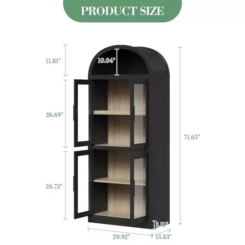 71 Tall Arched Kitchen Pantry Cabinet, Freestanding Cupboard Storage Cabinet, 5 Tier Wood Display Cabinet, Versatile Bookcase, Black Glass Door