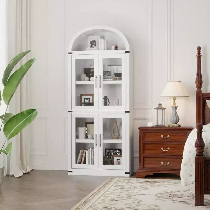 71 Tall Arched Kitchen Pantry Cabinet, Freestanding Cupboard Storage Cabinet, 5 Tier Wood Display Cabinet, Versatile Bookcase, Black Glass Door
