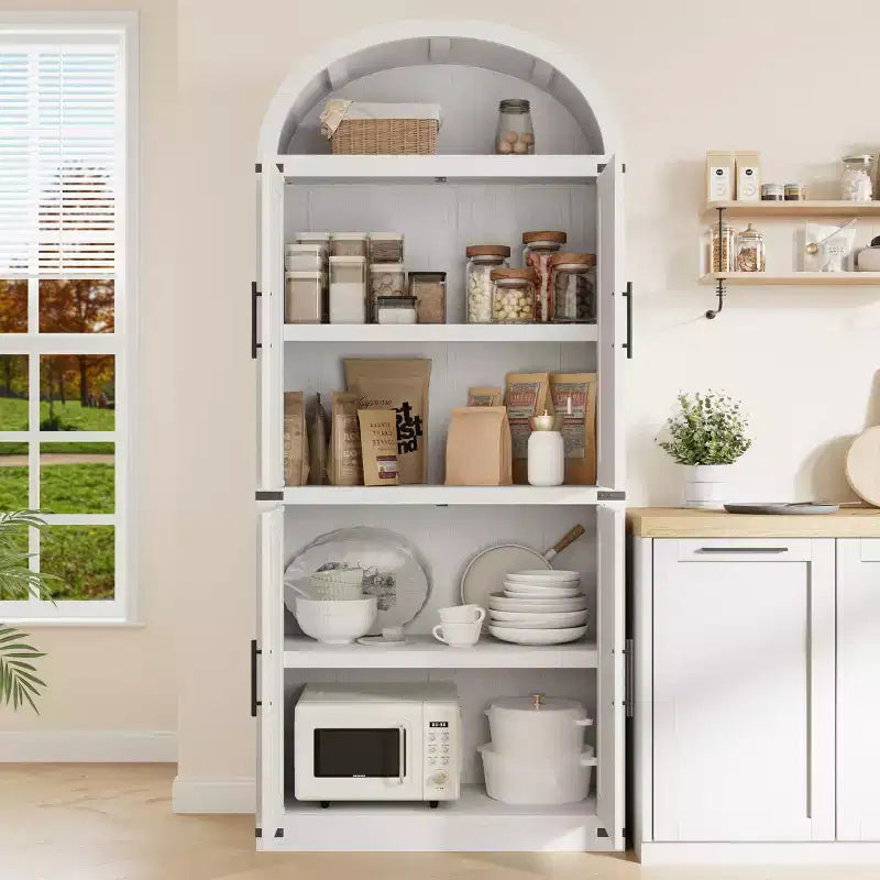 71 Tall Arched Kitchen Pantry Cabinet, Freestanding Cupboard Storage Cabinet, 5 Tier Wood Display Cabinet, Versatile Bookcase, Black Glass Door