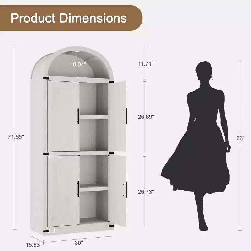 71 Tall Arched Kitchen Pantry Cabinet, Freestanding Cupboard Storage Cabinet, 5 Tier Wood Display Cabinet, Versatile Bookcase, Black Glass Door