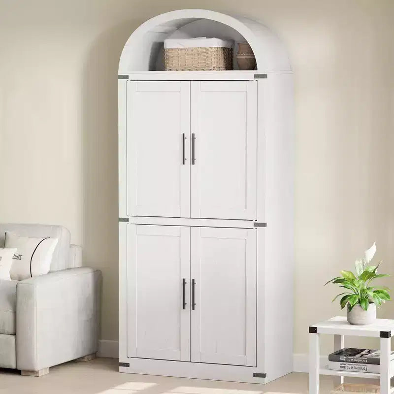 71 Tall Arched Kitchen Pantry Cabinet, Freestanding Cupboard Storage Cabinet, 5 Tier Wood Display Cabinet, Versatile Bookcase, Black Glass Door