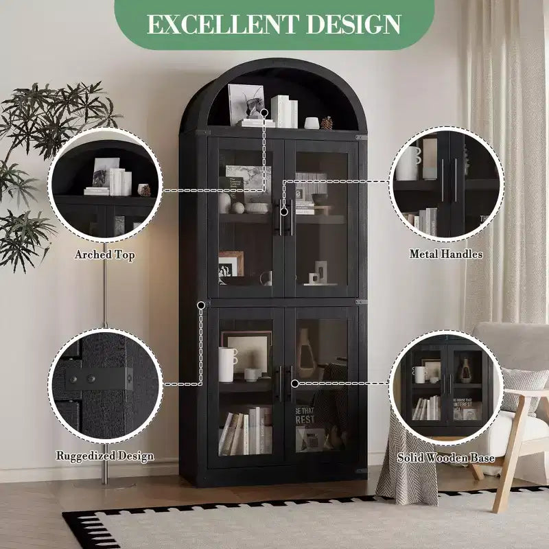 71 Tall Arched Kitchen Pantry Cabinet, Freestanding Cupboard Storage Cabinet, 5 Tier Wood Display Cabinet, Versatile Bookcase, Black Glass Door