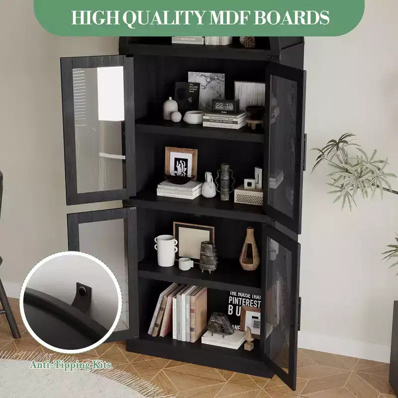 71 Tall Arched Kitchen Pantry Cabinet, Freestanding Cupboard Storage Cabinet, 5 Tier Wood Display Cabinet, Versatile Bookcase, Black Glass Door
