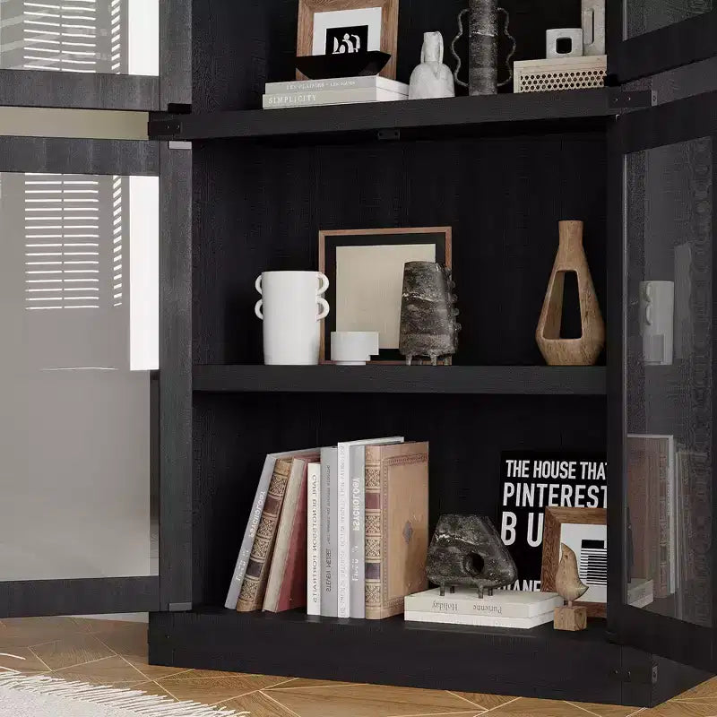 71 Tall Arched Kitchen Pantry Cabinet, Freestanding Cupboard Storage Cabinet, 5 Tier Wood Display Cabinet, Versatile Bookcase, Black Glass Door