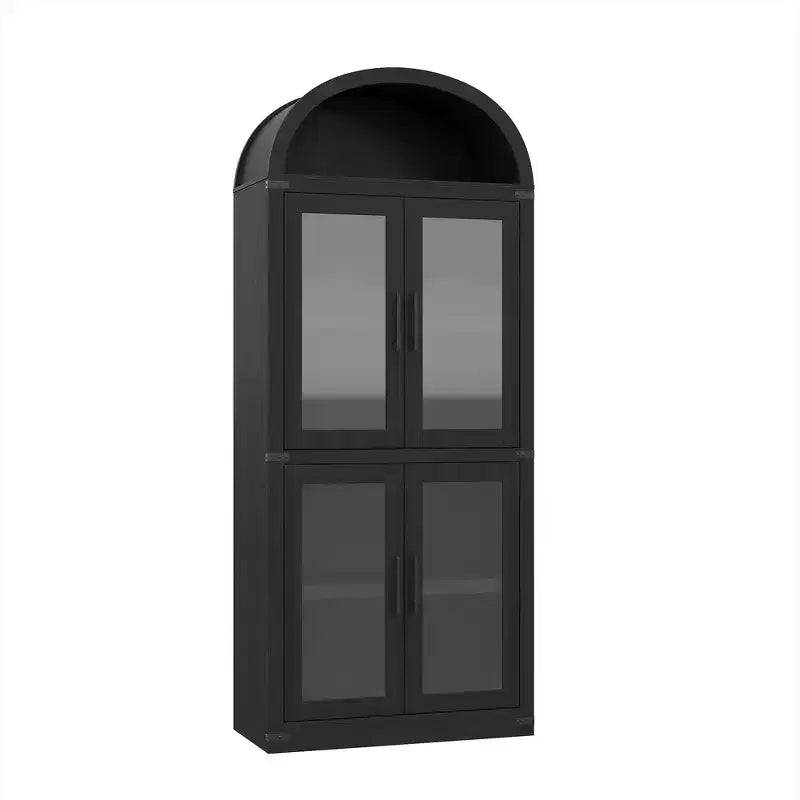 71 Tall Arched Kitchen Pantry Cabinet, Freestanding Cupboard Storage Cabinet, 5 Tier Wood Display Cabinet, Versatile Bookcase, Black Glass Door
