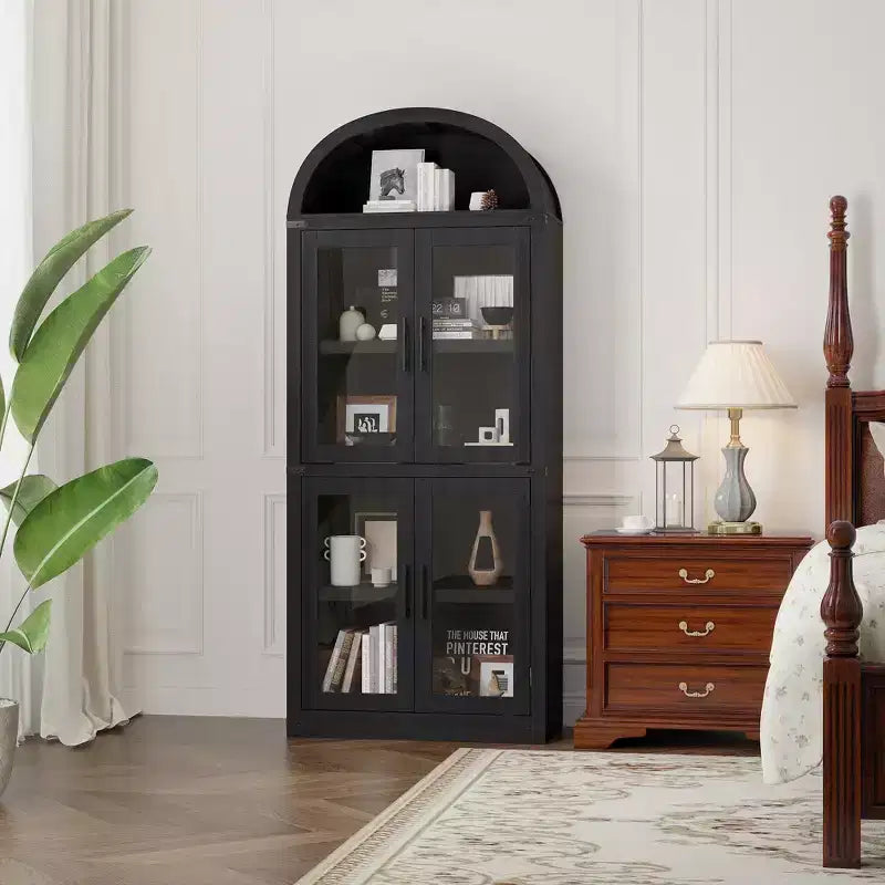 71 Tall Arched Kitchen Pantry Cabinet, Freestanding Cupboard Storage Cabinet, 5 Tier Wood Display Cabinet, Versatile Bookcase, Black Glass Door