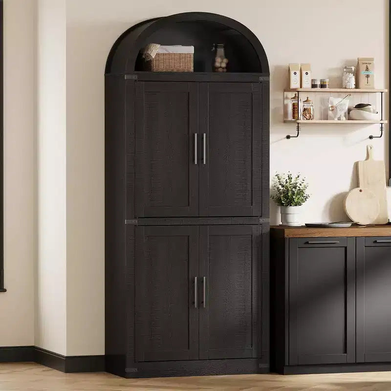 71 Tall Arched Kitchen Pantry Cabinet, Freestanding Cupboard Storage Cabinet, 5 Tier Wood Display Cabinet, Versatile Bookcase, Black Glass Door