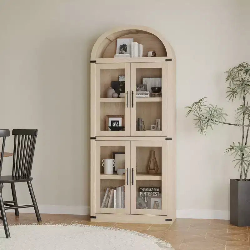 71 Tall Arched Kitchen Pantry Cabinet, Freestanding Cupboard Storage Cabinet, 5 Tier Wood Display Cabinet, Versatile Bookcase, Black Glass Door