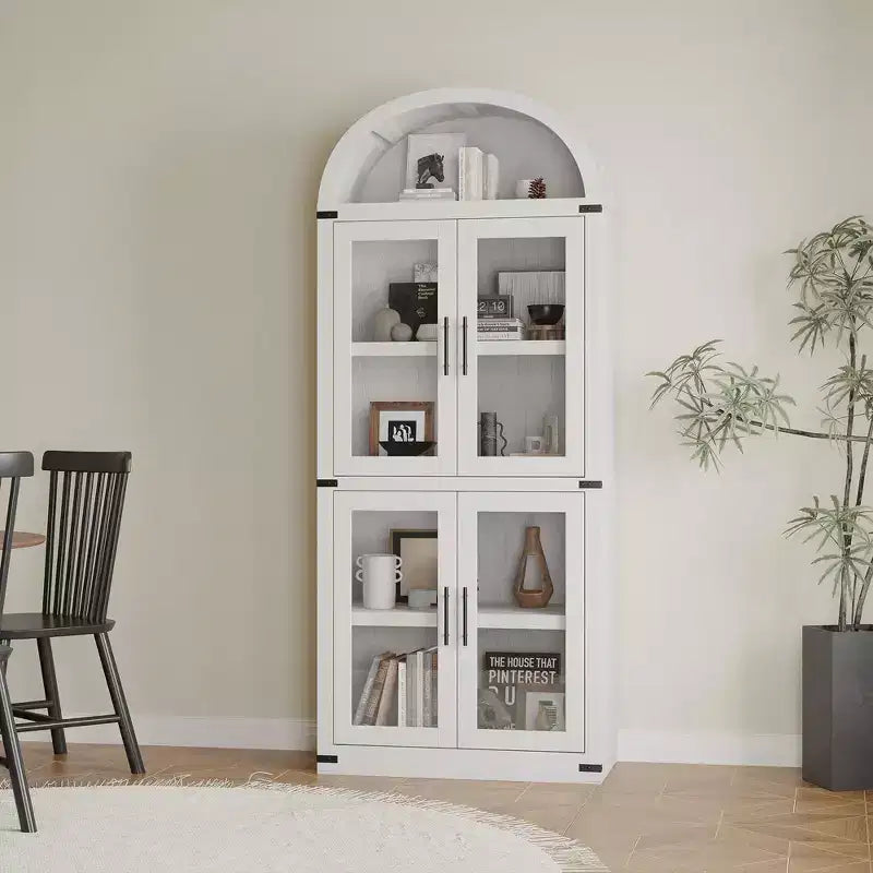 71 Tall Arched Kitchen Pantry Cabinet, Freestanding Cupboard Storage Cabinet, 5 Tier Wood Display Cabinet, Versatile Bookcase, Black Glass Door
