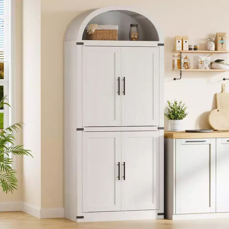 71 Tall Arched Kitchen Pantry Cabinet, Freestanding Cupboard Storage Cabinet, 5 Tier Wood Display Cabinet, Versatile Bookcase, Black Glass Door