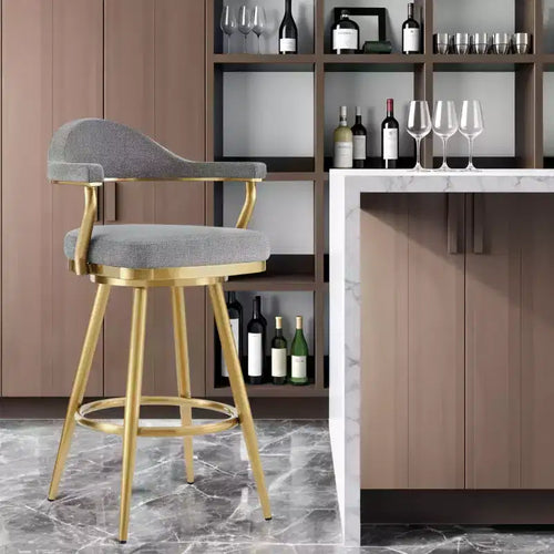 HomeRoots 30 Gray and Gold Fabric and Stainless Steel Low Back Bar Height Swivel Bar Chair