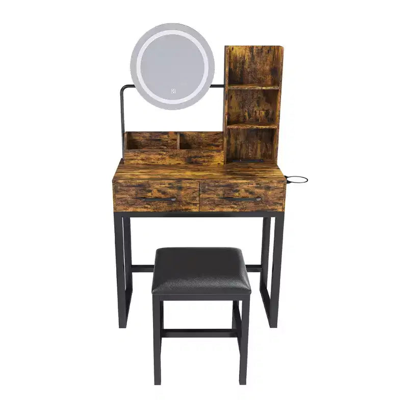 Vanity Desk with LED Lights, Power Outlet & 2 Drawers, Metal Legs, Brown