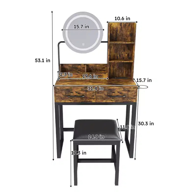 Vanity Desk with LED Lights, Power Outlet & 2 Drawers, Metal Legs, Brown