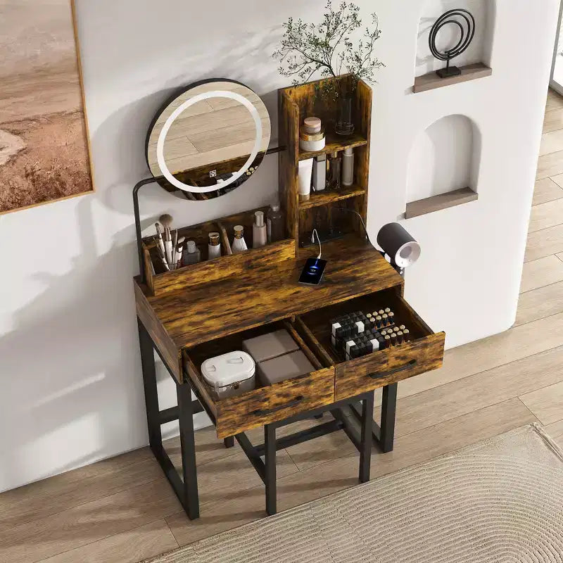 Vanity Desk with LED Lights, Power Outlet & 2 Drawers, Metal Legs, Brown