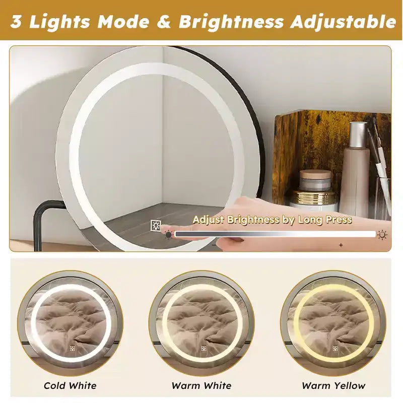 Vanity Desk with LED Lights, Power Outlet & 2 Drawers, Metal Legs, Brown