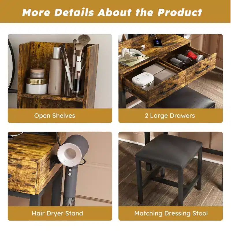 Vanity Desk with LED Lights, Power Outlet & 2 Drawers, Metal Legs, Brown